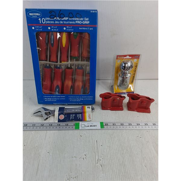 (NOS) Tool Lot-10 Pc. Screwdriver Set,8" Adjustable Wrench,Trailer Hitch Ball,(2)Pipe Clamps
