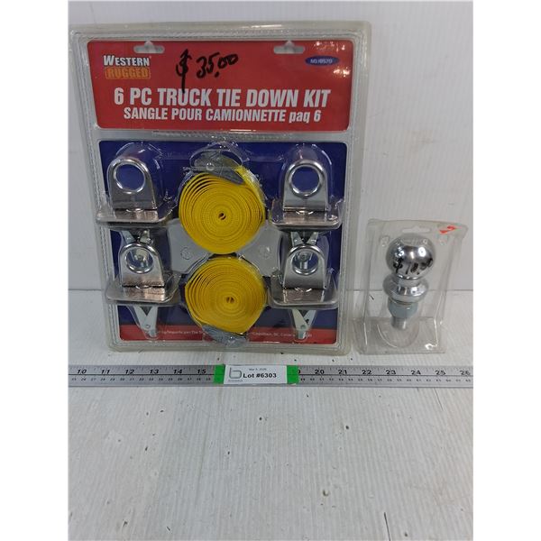 (NIB) 6 Piece Truck Tie Down Kit and Trailer Hitch Ball-1 7/8"