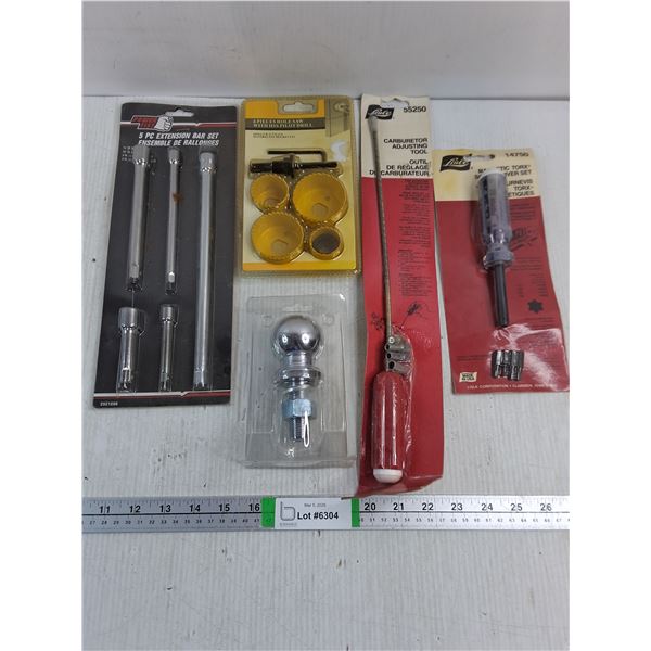 (NOS) Tool Lot- 5 PC. Extension Bar Set,6 PC. Hole Saw,Trailer Hitch Ball, Carb. adjusting Tool,Scre