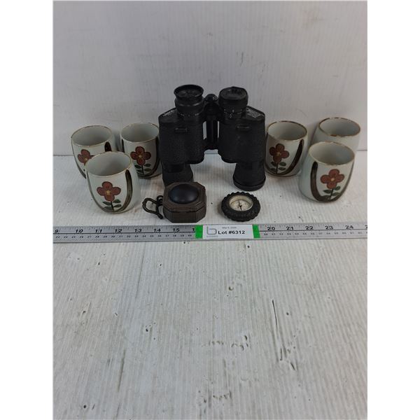 Binoculars (7x35),Compass,(6) Japanese Stoneware Floral Cups,Pirates Compass