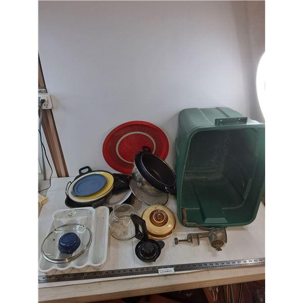 Assorted Kitchen Implements & 19x15x16" Storage Bin - All As is, Cannot Ship