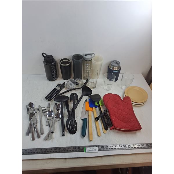 Assorted Kitchen & Dining Utensils, Travel Mugs, Pot Holders