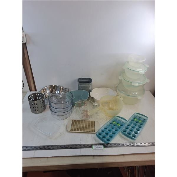 Assorted Glass & Plastic Kitchen Dishes, Ice Cube Trays