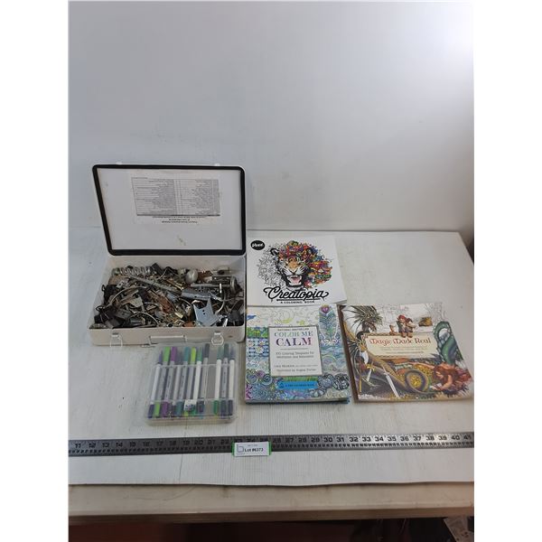 (3) New Adult Coloring Books, Marker Assortment, First Aid Kit Full of Random Mechanical Parts