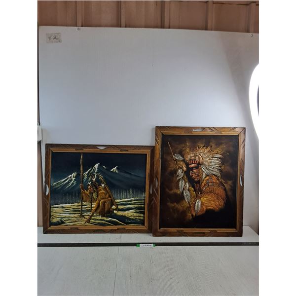 (2) Wood Framed Velvet Indigenous Wall Decor - both 23"x 19" - Some Damage To One Frame