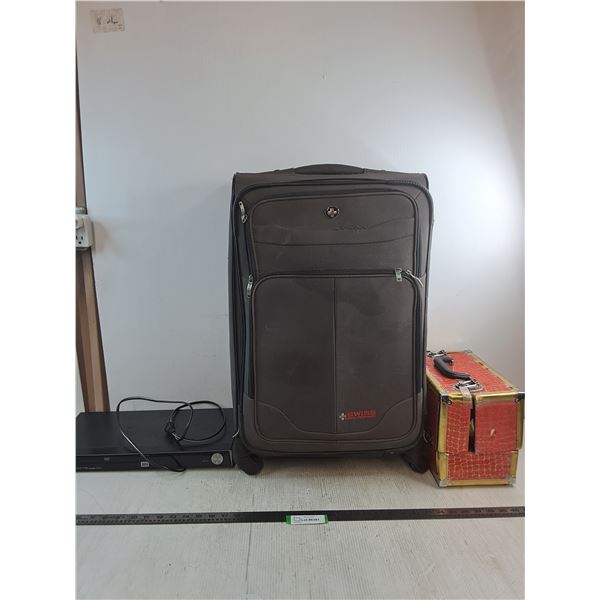 Swiss TP Roller Suitcase 17x27x9", Sewing Kit w/Contents, Samsung DVD Player - Powers On - All As Is