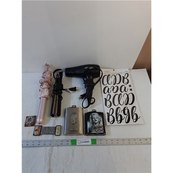Assorted Misc- Hair Dryer, Straightener,  Curler- Sticker Letters, Flasks, Small Batteries