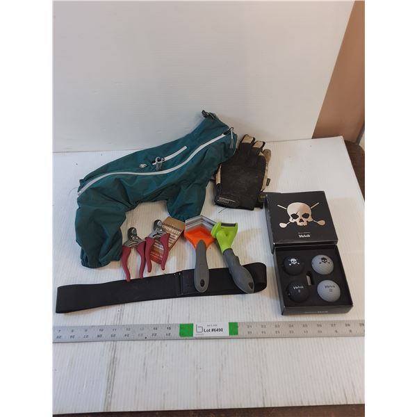 Assorted  - Dog Snowsuit , Matte Golf Balls,  Pet Clips. Misc