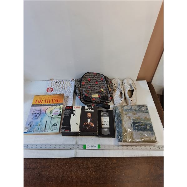 Assorted  - Curtains,  VHS Tapes,  Coloring Books, Backpack,  Shoes
