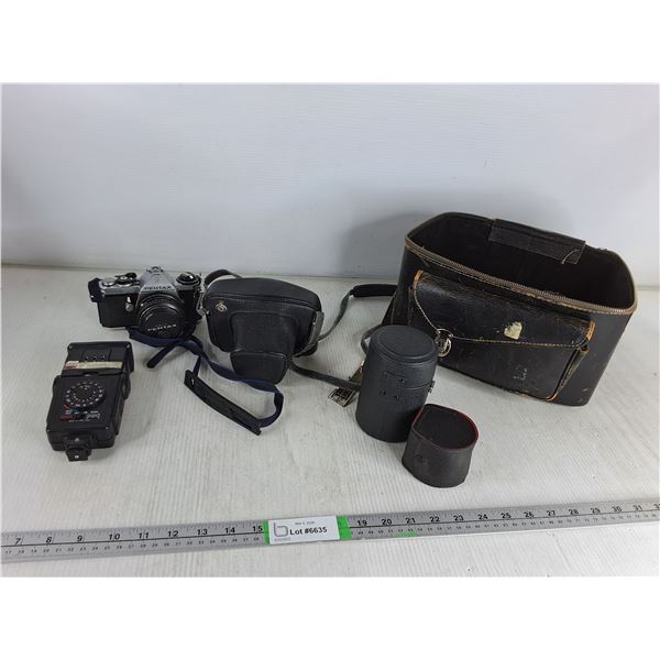 Larger Camera Case, (2) Cameras, & Various Camera Lens