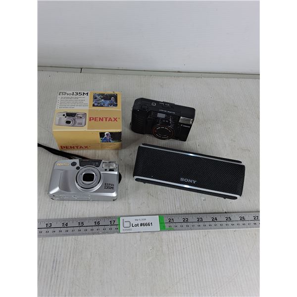 (2) Cameras - Pentax, Sony, Untested & Sony Bluetooth Speaker- Powers On
