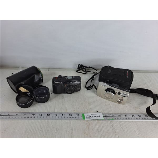 (2) Cameras- Pentax, Canon w/ Case & (2) Camera Lens- Untested