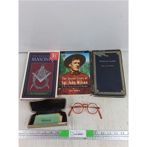 Vintage Glasses w/Case, (3) Books - Treasure Island, Lois Simmie, The Meaning of Masonry