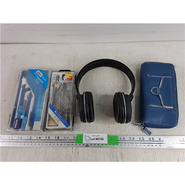 (2) Math Sets, Volkano Wireless Headphones, Faux Leather Wallet - As Is