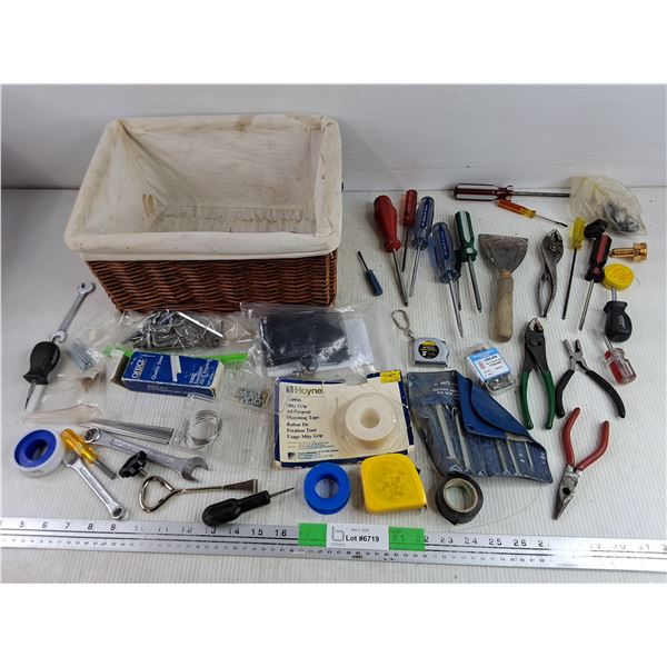 Various Screwdrivers, Allen Keys, Tape Measure, Wicker Basket, Pliers, Misc
