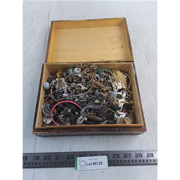 Wooden Jewelry Box (As is) w/Large Quantity of Costume Jewelry Contents