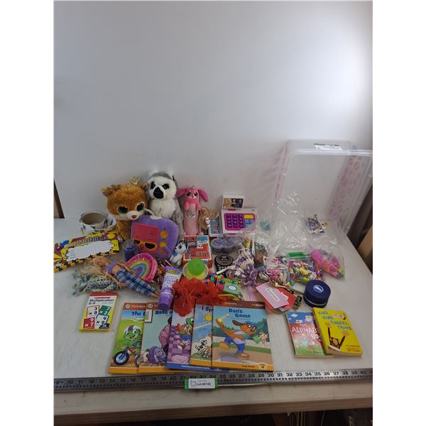 Child's Lot (Stuffies, Cash Register, Barbie, Books, Flash Cards, Storage Bin, Misc.