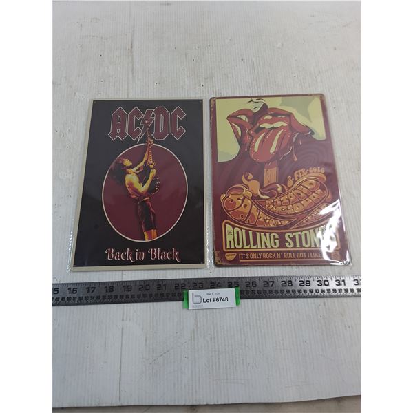 (2) Sealed Metal 8" x 12" Tin Signs (AC/DC and Rolling Stones)