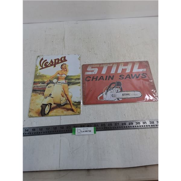 (2) Sealed Metal 8" x 12" Tin Signs (Vespa and Stihl)