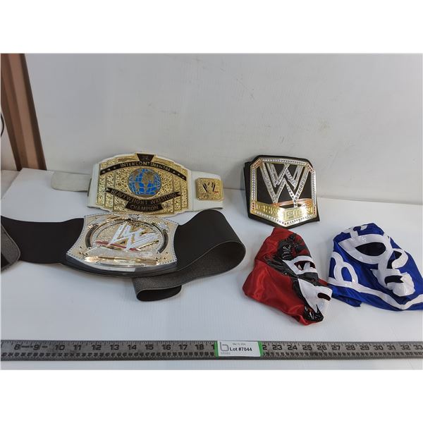 (3) Childrens Toy Wrestling Belts & (2) Wrestling Masks