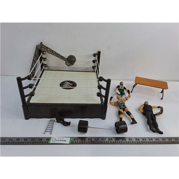 Toy Wrestling Ring w/ Figurines, Breakable Table, & Weights