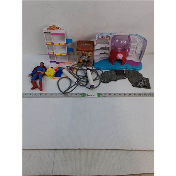 Toys Lot:Superman Figurine,Skip Rope,Pokemon Tin,Shopkins Playset and misc.
