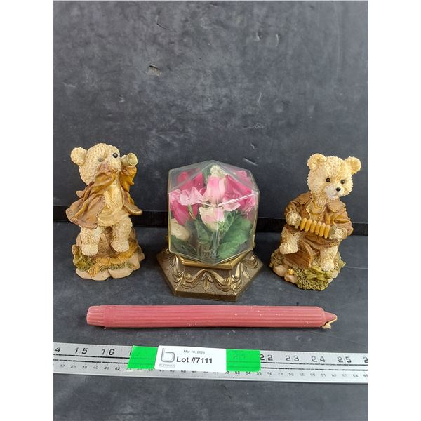 (2) Bears Ornaments, Roses Glass w/Brass Base & Pink Candle