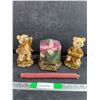 Image 1 : (2) Bears Ornaments, Roses Glass w/Brass Base & Pink Candle