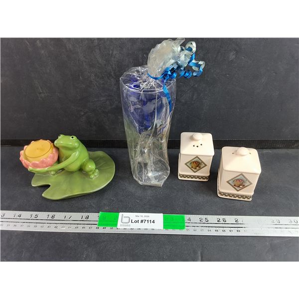 Party Light Frog Candle, Salt & Pepper Shakers, Scented Gel Candle in Stemmed Glass