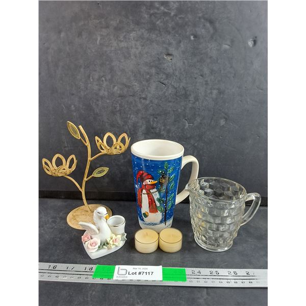 Duck Candle Holder, (2) Leaf Tea Light Stand, Creamer, Christmas Mug