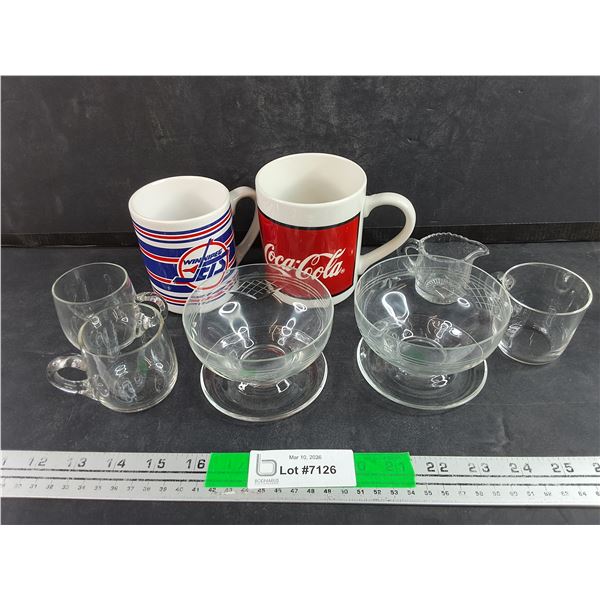 Espresso Cups, Coca Cola & Winnipeg Jets Mugs, Glass Creamer, Goblets