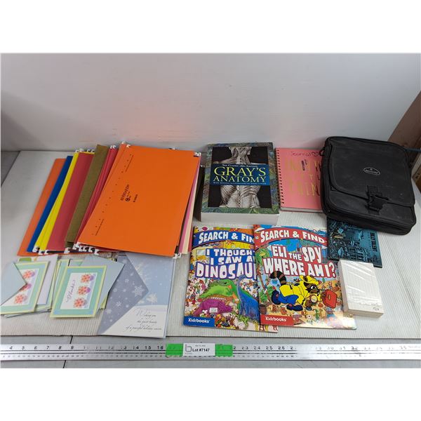 Search & Find Kids Books, File Holders, Wish Cards, Grays Anatomy Book, Samsonite Bag, Misc