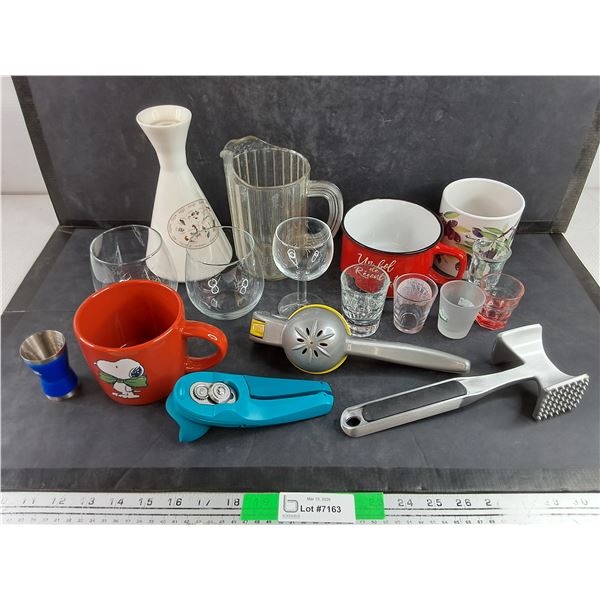 Vases, Plastic Pitcher, Ceramic Mugs, Shot Glasses, Can Opener, Juicer, Goblet, Misc