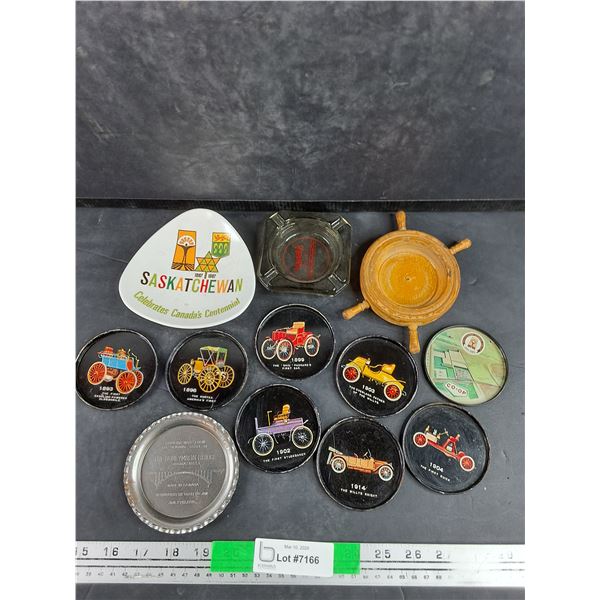 Vintage Metal Automobile Coasters & Assorted Ash Trays