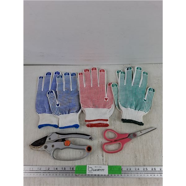 (3) Pairs of Garden Gloves - Size L, Scissors & Prunning Shears