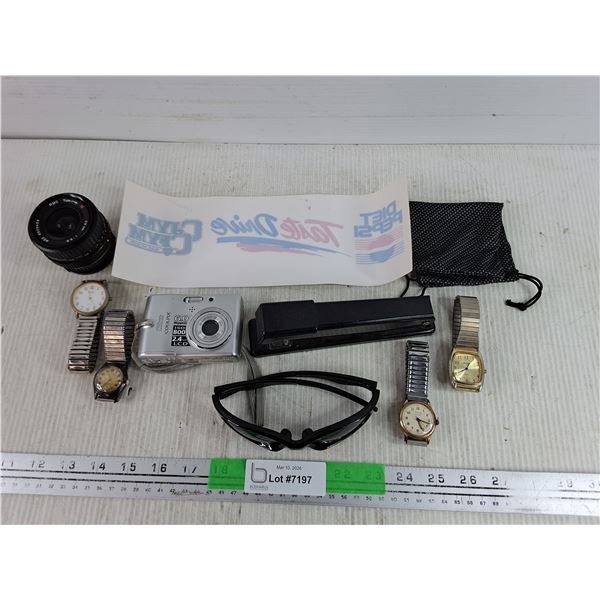 Vintage Quartz Watches, Sunglasses, Nikon Coolpix Camera, Tokina Camera Lens, Stapler, Misc - As Is