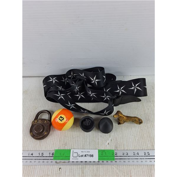 Vintage Lock, 13 Pool Ball, Brass Puppy, Novelty Ornament, Bag Strap