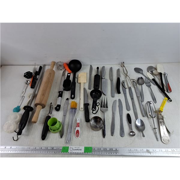 Kitchen Knives, Dough Roller, Knife Sharpener, Measuring Cups, Tongs, Misc