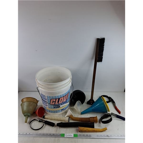 *Assorted Fuel Funnels, Strap Wrenches, Snow Brush, Plastic 15.14L Bucket , PICKUP ONLY