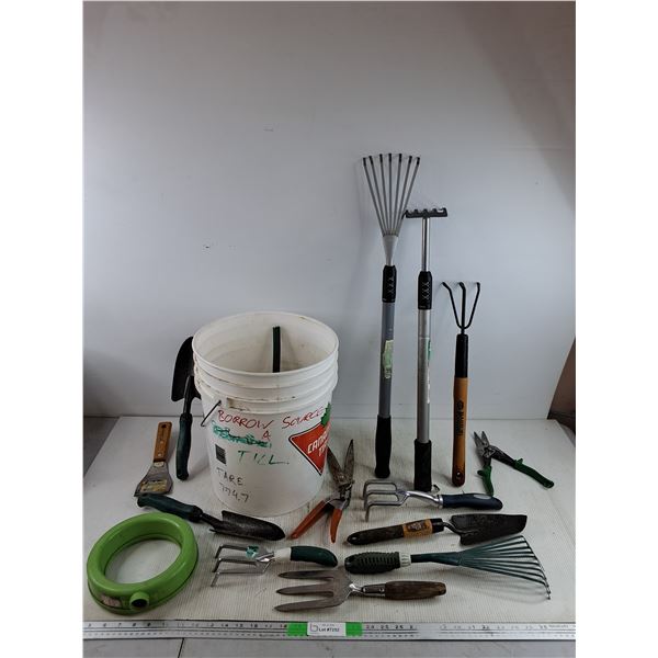 *Assorted Gardening Tools & Canadian Tire Plastic Bucket, PICKUP ONLY