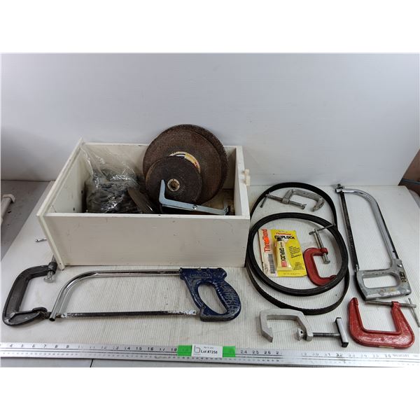 Drawer 19" x 13" x 7", Hacksaw, Serpentine Belts, C Clamps, Grinding  Discs, Misc - PICK UP