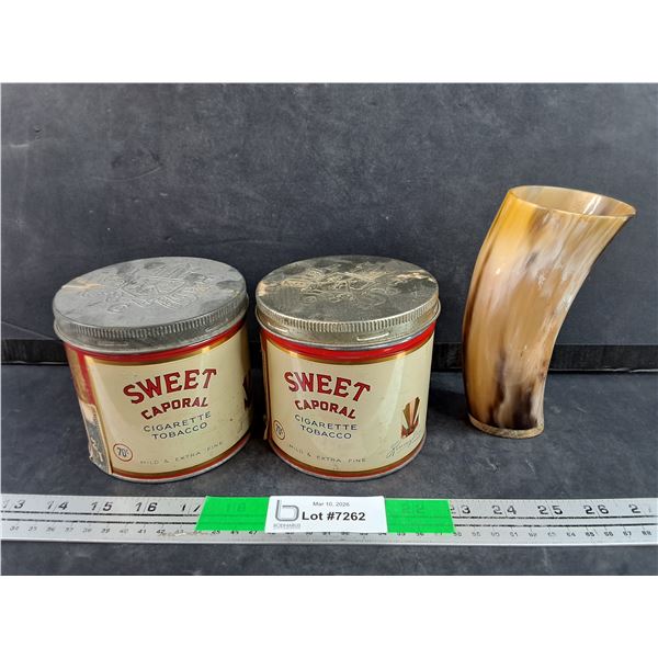 (2) Vintage Sweet Caporal Cans & Horn Cup