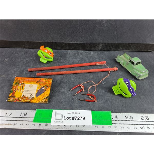 Ninja Turtles Rings, Toy Fishing Magnets, McDonald's Name Badge, Vintage Toy Car