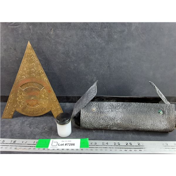 1980-2079 Brass Calendar, Miniature Milk Glass Jars