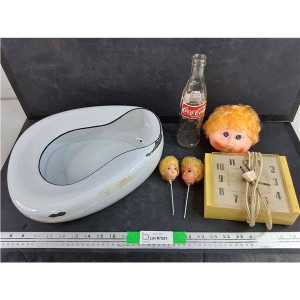 Doll Heads, 300ml Coca Cola Bottle, Bed Pan, General Electric Table Clock - As Is