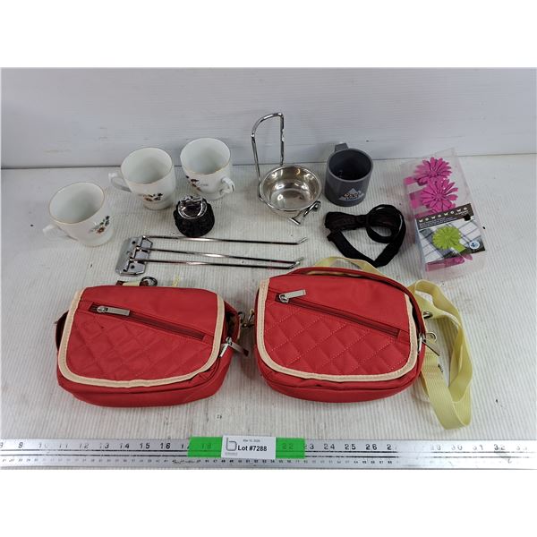 Regent Fine Porcelain Cups, Vintage Lighter, (2) Juvo Bags, Metal Table Cloth Clamps, Bow Tie, Misc