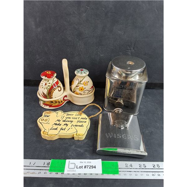 Ceramic Salt & Pepper Shakers, Wall Pig Plaque, Metal Sugar Can, Wisers Liquor Flask
