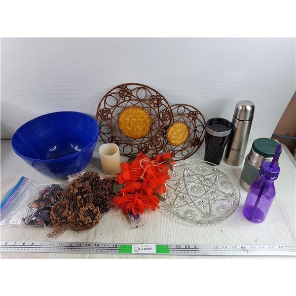 (2) 11" Plastic Bowls, Pine Cones, Crystal Platter, Artificial Candle, Insulated Cup, Misc -PU