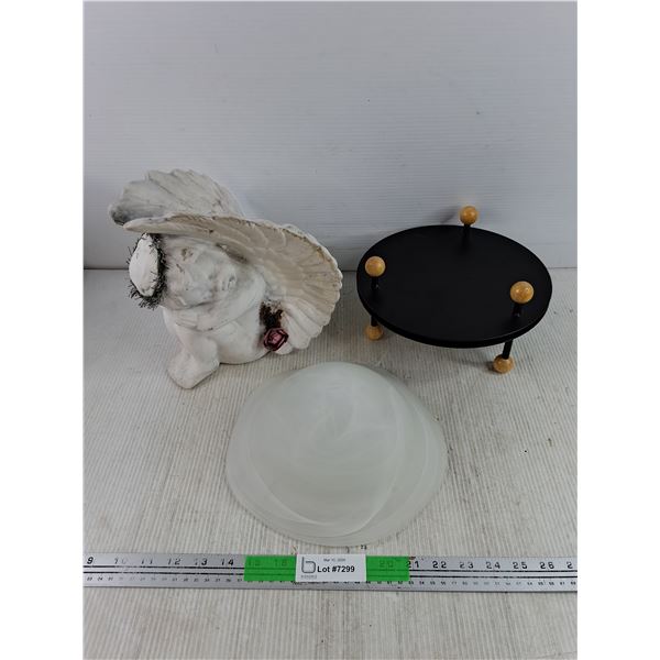 Vintage Frosted Glass Light Shade, Black & Wood Rack, Decorative Angel Figurine