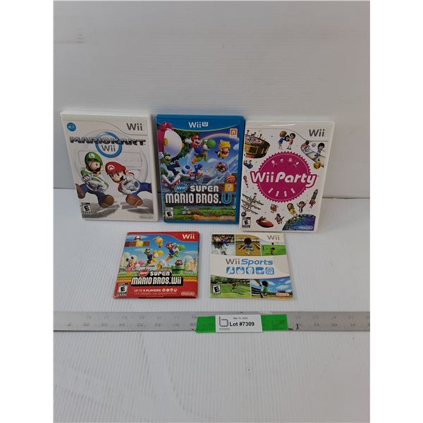(5) Wii Games- Mario Kart, Wii Party, Wii Sports, Misc.